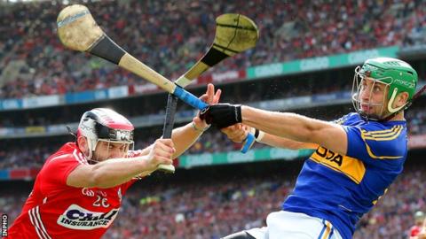 Cork's Paudie O'Sullivan and Tipperary's James Barry