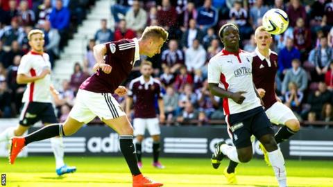 Jordan McGhee scores for Hearts against Falkirk