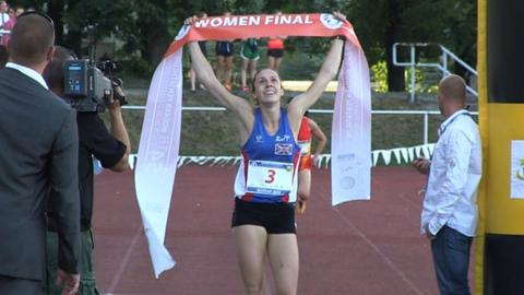 Samantha Murray crosses the finish line at the modern pentathlon world championships