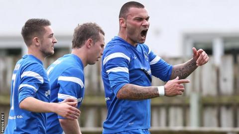 Anthony Elding celebrates scoring against Ballymena