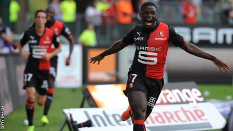 Paul-Georges Ntep celebrates scoring for Rennes