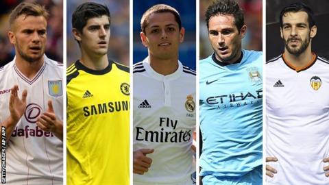 (left to right) Tom Cleverley, Thibaut Courtois, Javier Hernandez, Frank Lampard and Alvaro Negredo