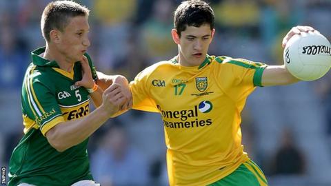 Kerry defender Brian Sugrue tackles Donegal's Ethan O'Donnell in the minor final