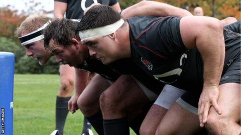 Andrew Sheridan takes part in England scrummaging practice alongside Steve Thompson and Dan Cole