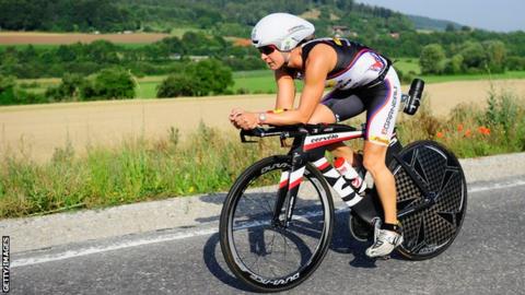 Rachel Joyce competing in the bike leg of Challenge Roth