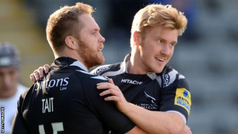 Alex Tait and Tom Catterick embrace during the Falcons' win against Exeter.