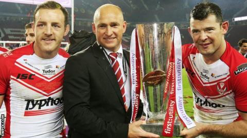 James Roby, Nathan Brown and Paul Wellens hold the Super League trophy