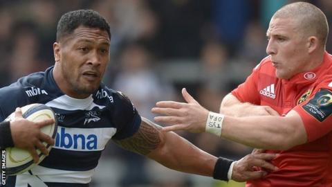 Johnny Leota of Sale tries to get past Munster opponent Andrew Conway during the European Champions Cup match