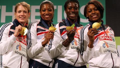 Great Britain's women's 4 x 400m gold medallists at the 2013 European Indoor Athletics Championships