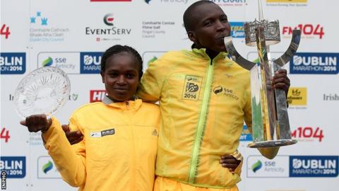 Kenyan duo Esther Macharia and Eliud Too celebrate their Dublin Marathon success