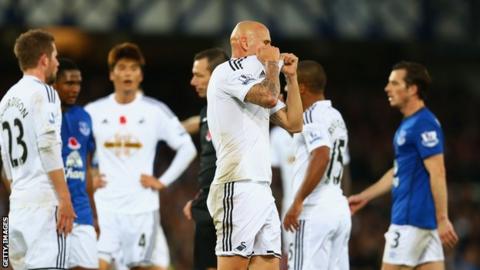 Swansea midfielder Jonjo Shelvey is sent off for his side at Everton