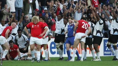 Fiji players celebrate their 38-34 win over Wales at the 2007 World Cup