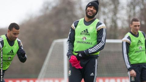 Ashley Williams in training with Wales before the match with Belgium in Brussels