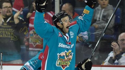 Evan Cheverie celebrates after scoring the winner against Nottingham Panthers
