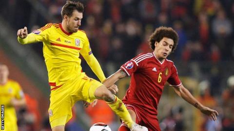 Aaron Ramsey in action for Wales against Belgium