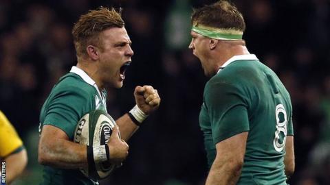 Ian Madigan and Jamie Heaslip celebrate Ireland's win over Australia