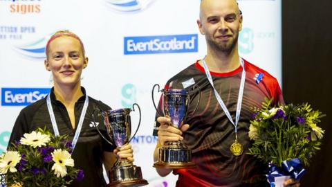 Imogen Bankier and Robert Blair with their trophies in Glasgow