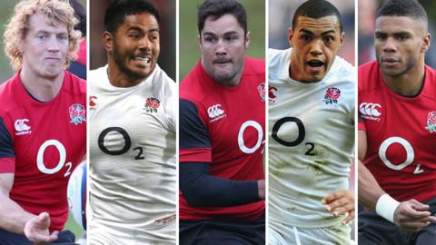 (left to right) Billy Twelvetrees, Manu Tuilagi, Brad Barritt, Luther Burrell and Kyle Eastmond in action for England