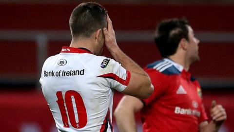 Ian Humphreys reacts after his last-gasp missed conversion in Ulster's 21-20 defeat by Munster