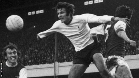 Liverpool's John Toshack heads the ball against Arsenal in 1970