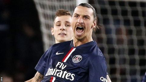 Zlatan Ibrahimovic celebrates after scoring his and PSG's second goal