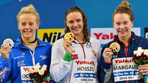 (l-r) Siobhan-Marie O'Connor, Katinka Hosszu and Melanie Margalis