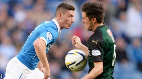 Rangers' Fraser Aird is tackled by Raith Rovers' Liam Fox