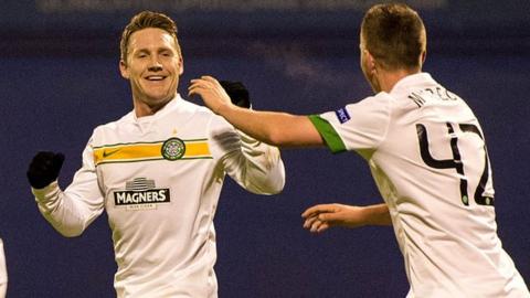 Kris Commons celebrates scoring against Dinamo Zagreb