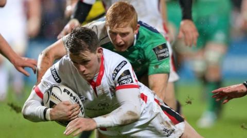 Craig Gilroy scores his first-half try at Ravenhill
