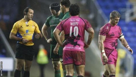 Tom May was the first of the two fighting players to be red carded at the Madejski Stadium before being joined by Daniel Leo