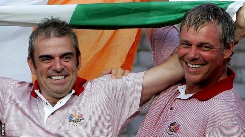 Paul McGinley and Darren Clarke celebrate after Europe's Ryder Cup triumph at the K Club in 2006