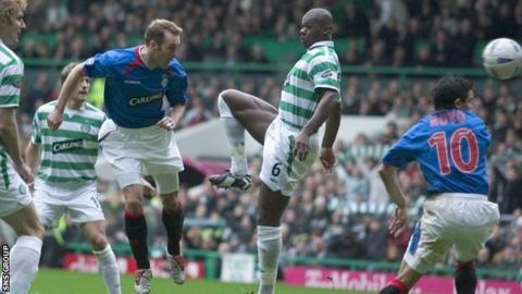 Fernando Ricksen scores against Celitc in a Scottish Cup tie