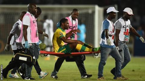 Thulani Hlatshwayo is stretchered off during South Africa's match against Senegal