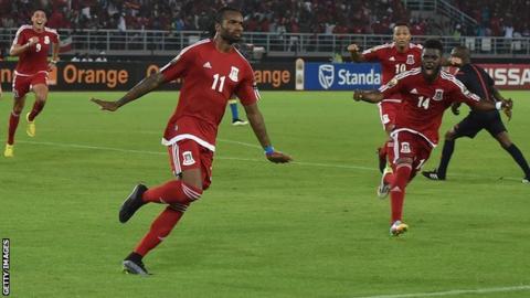 Javier Balboa (left) celebrates scoring the first goal for Equatorial Guinea