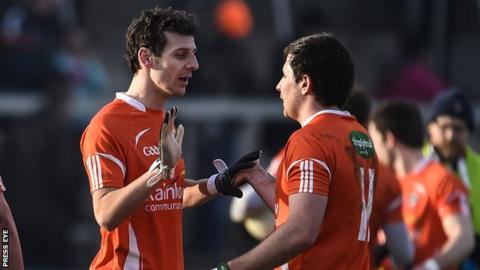 Jamie Clarke and Miceal McKenna show their relief after Armagh's win over Tipperary