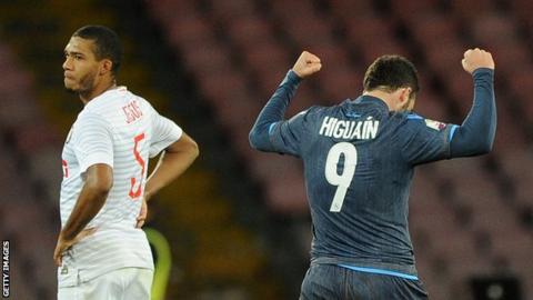 Gonzalo Higuain (right) celebrates as Juan Jesus looks on