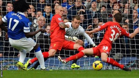 Romelu Lukaku scoring for Everton in the 3-3 draw at Goodison Park last season