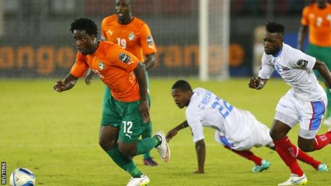 Wilfried Bony and Yaya Toure in Africa Cup of Nations action for the Ivory Coast