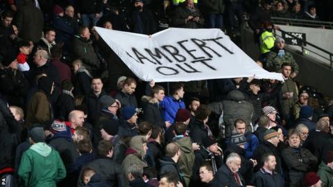 Aston Villa fans hold up a banner calling for Paul Lambert to be sacked
