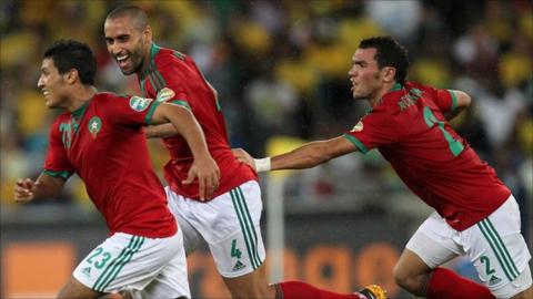 Morocco players celebrate goal
