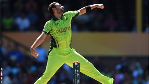 Shahid Afridi of Pakistan bowls during the World Cup warm-up match against England