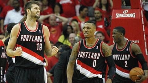 Portland Trail Blazers' Joel Freeland and Damian Lillard