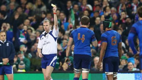 France's Pascal Pape receives a yellow card in their Six Nations match against Ireland.