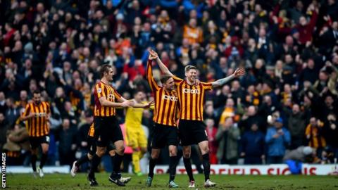 Jon Stead (right) is congratulated after scoring Bradford's second goal