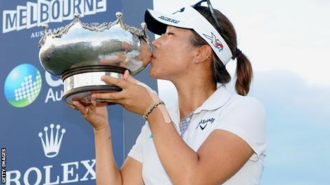 Lydia Ko celebrates winning the women's Australian Open golf tournament