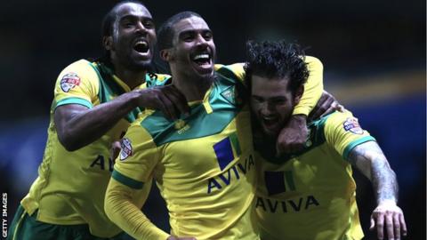 Norwich City celebrate Bradley Johnson's winner against Blackburn