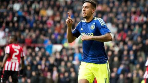 Ajax Ricardo Kishna celebrates scoring against PSV Eindhoven