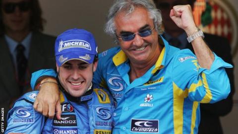 Fernando Alonso with Flavio Briatore celebrating a win for Renault