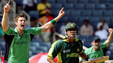 Ireland bowler Boyd Rankin celebrates after dismissing Pakistan's Younis Khan during the 2007 World Cup match in Jamaica