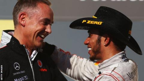 Martin Whitmarsh celebrates with Lewis Hamilton